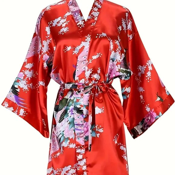 Callie Lives Red Kimono Robe 3/4 Length Intimates Loungewear Fashion Robe - Picture 6 of 7